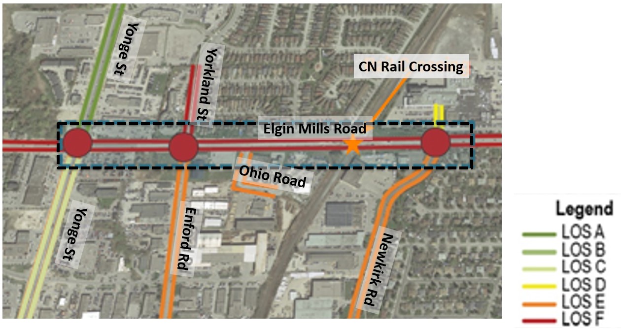 Map showing bike level of service along the north and south boulevards of Elgin Mills Road