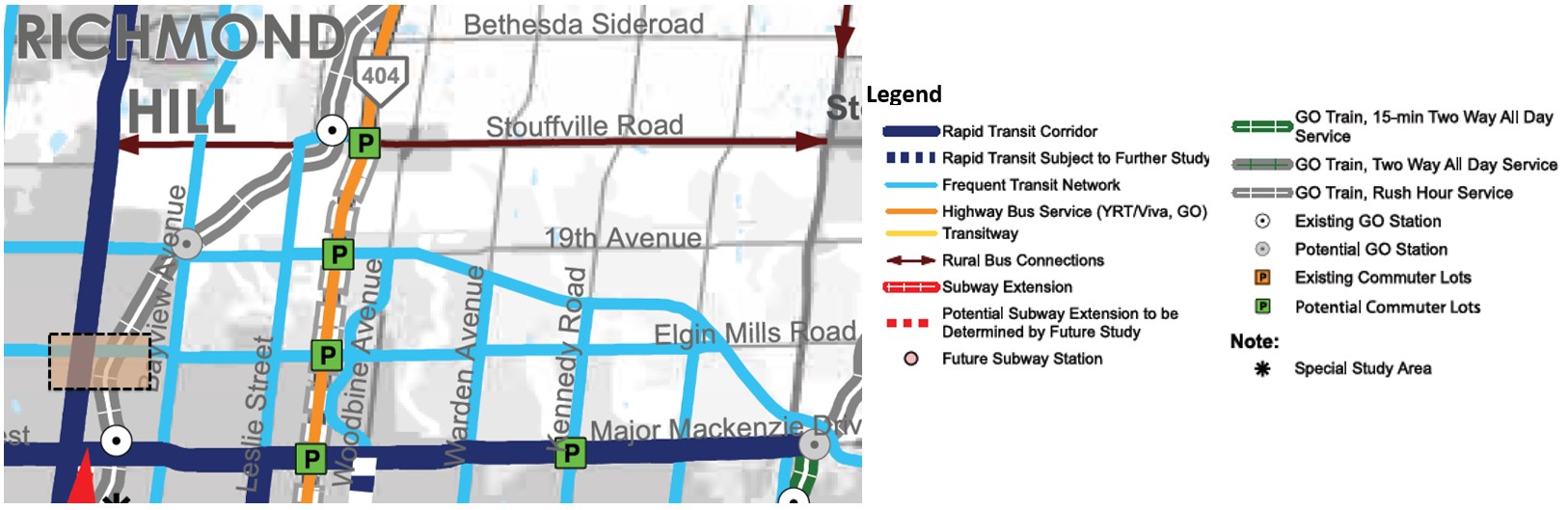 Map showing frequent transit routes