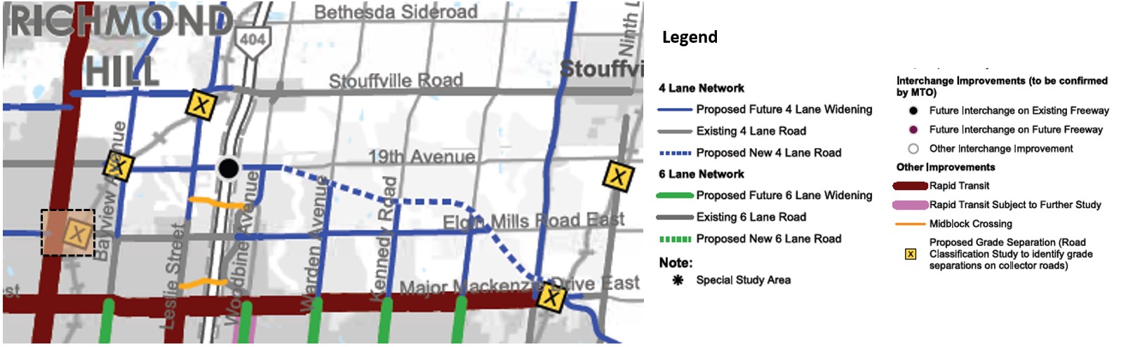 Map showing 4-lane network, 6-lane network, interchange improvements, and other improvements