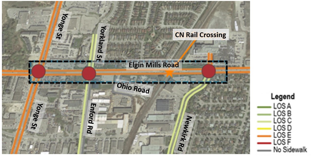 Map showing pedestrian level of service along the north and south boulevards of Elgin Mills Road