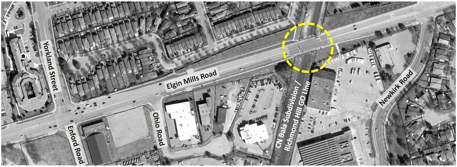Map showing rail crossing at Elgin Mills Road and CN Bala Subdivision
